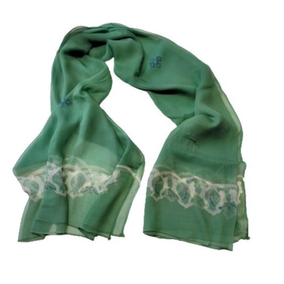 Green Silk Chiffon Handpainted Batik Crinkle Scarf - New - Picture 3 of 6